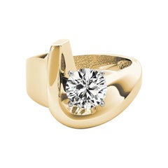 GIA 1.11ct Round Modern Solitaire Curved Band 18K Yellow Gold Diamond Ring