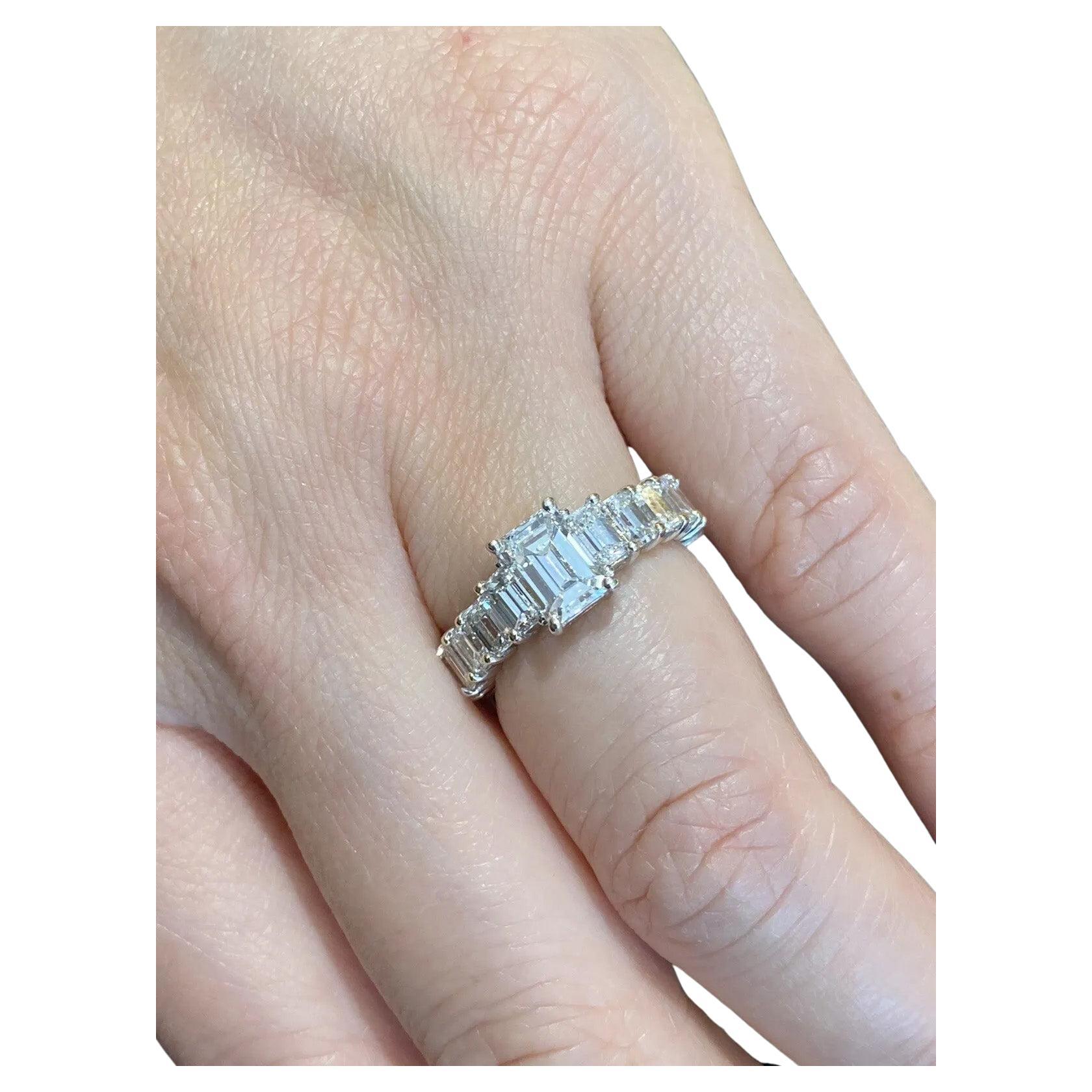 GIA 1.12 Carat with 4.34 Carat Emerald Cut Diamond Eternity Ring 18k White Gold