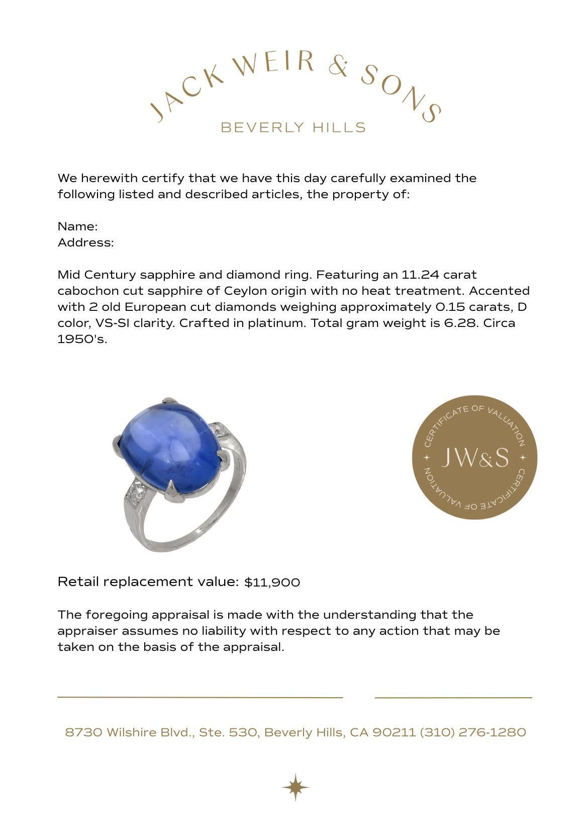 GIA 11,24 carats Ceylon no heat cabochon cut saphir diamant bague platine en vente 1