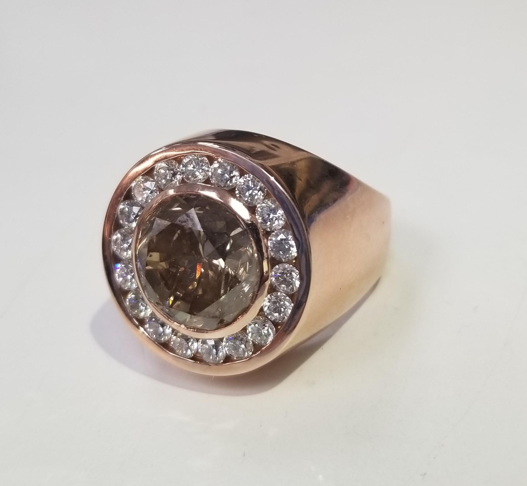 
14 Karat Rose Gold GIA 11.24cts. Natural Fancy Dark Yellowish Brown Brilliant Cut Diamond  Ring; 
Specifications:
    main stone: GIA 11.24ctts, Natural Fancy Dark Yellowish Brown Brilliant Cut Diamond     
    additional: DIAMONDS
    diamonds: 19