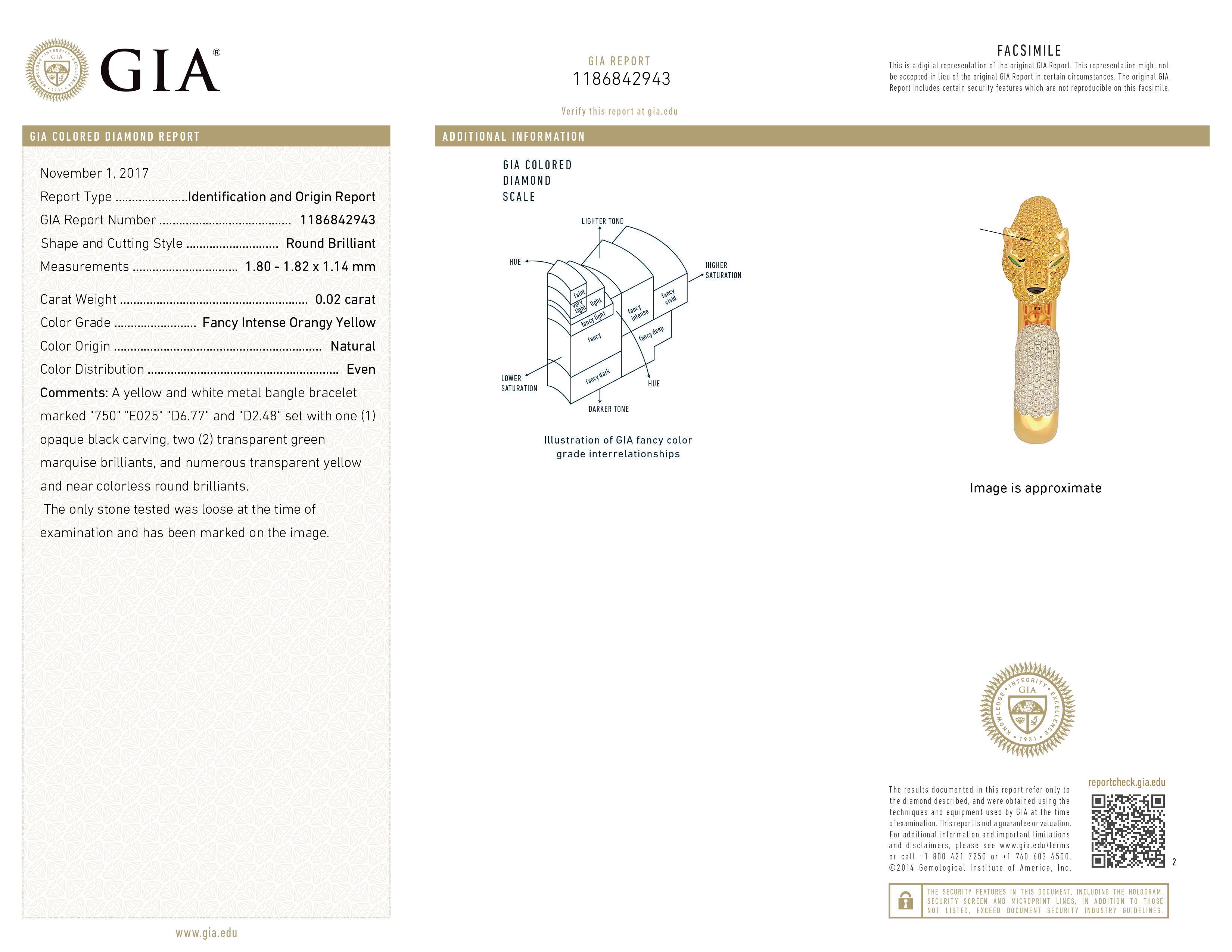 Women's or Men's GIA 11.25 Carats Yellow And White Diamond Yellow Gold Panther Bangle For Sale