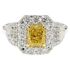 GIA 1.13 Carat Fancy Intense Yellow Radiant Ring with Half Moons 18K White Gold