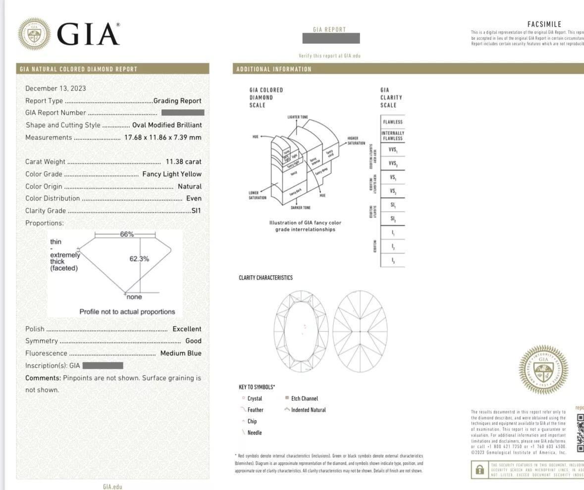 GIA Certified 11.38 carat Oval Fancy Light Yellow Three-Stone Diamond Ring in Platinum & 18k Yellow Gold

GIA Certified three-stone diamond ring features an oval shaped Fancy Light Yellow center stone accented by two oval shaped Brilliant cut