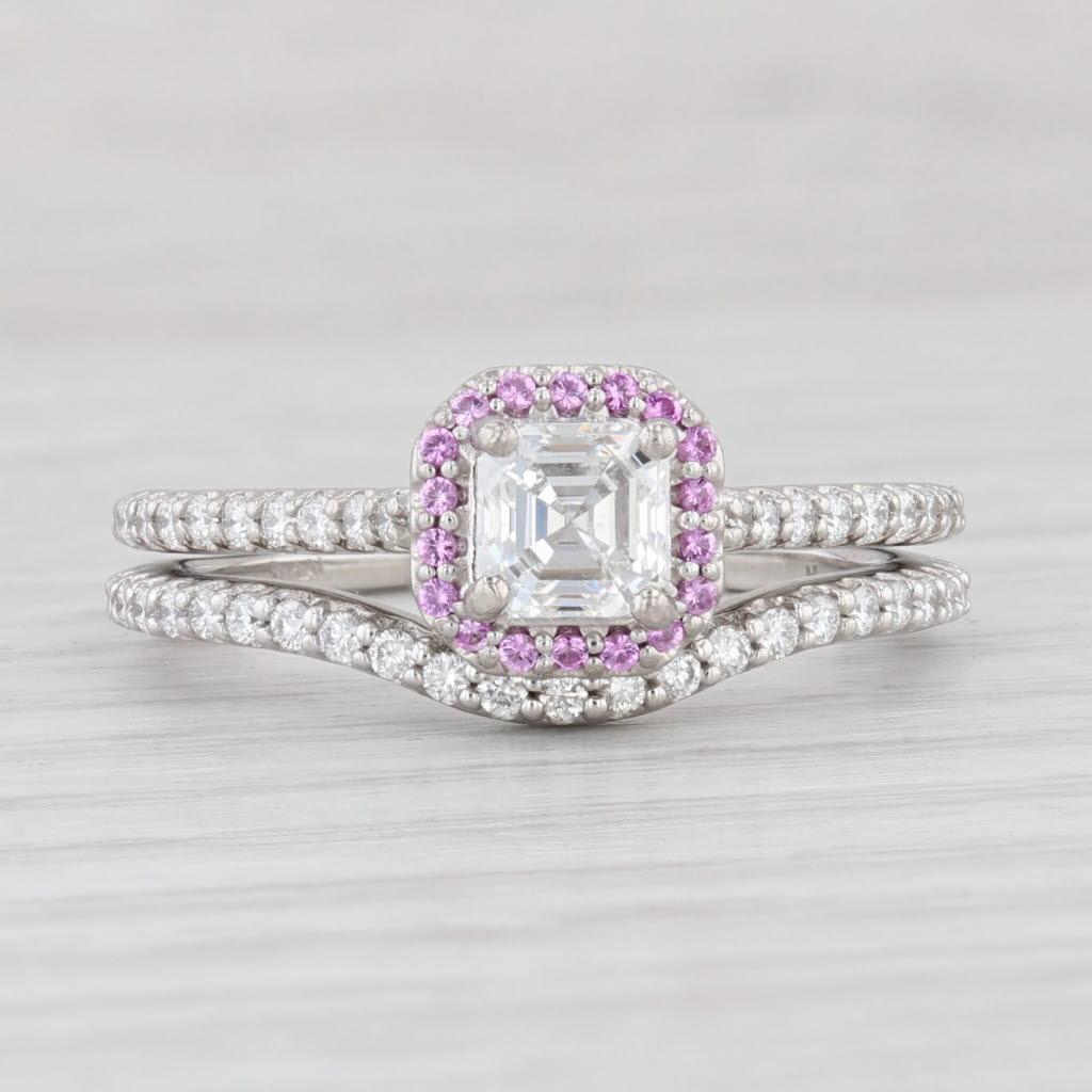 GIA 1,13ctw Diamante Pink Sapphire Anello di fidanzamento aureolato Set di fedi in platino In condizioni buone in vendita a McLeansville, NC