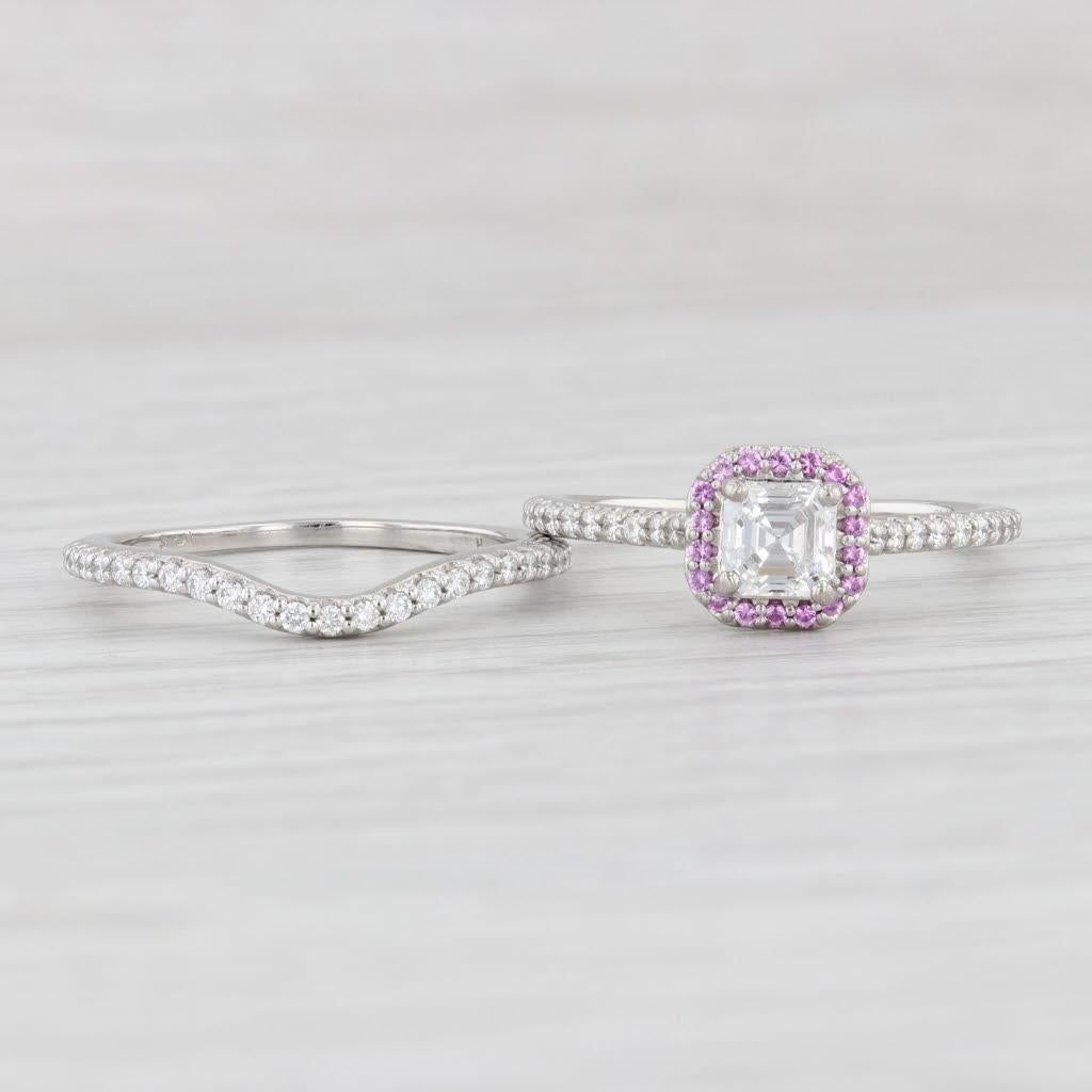 da uomo o donna GIA 1,13ctw Diamante Pink Sapphire Anello di fidanzamento aureolato Set di fedi in platino in vendita