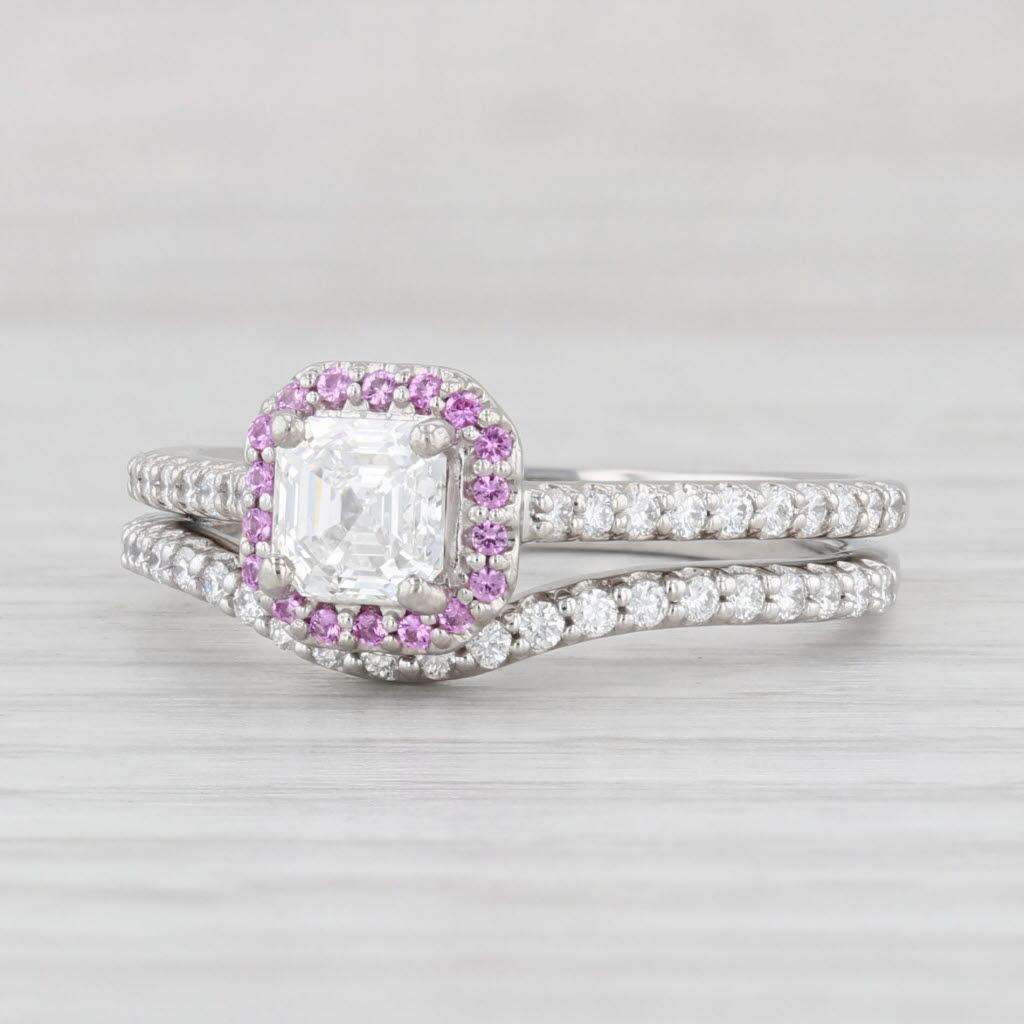 GIA 1.13ctw Diamond Pink Sapphire Halo Engagement Ring Wedding Band Set Platinum