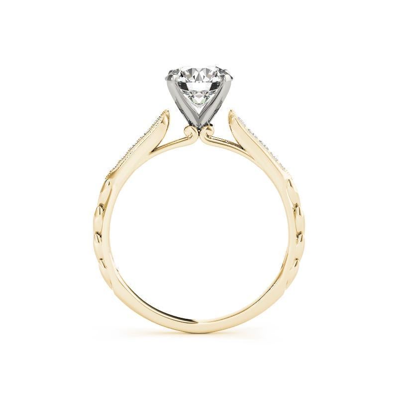 Taglio rotondo GIA 1,14ct Anello con diamante rotondo solitario e canale inciso a foglia in oro giallo in vendita