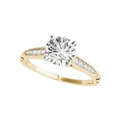 GIA 1.14ct Round Solitaire & Channel Engraved Leaf Yellow Gold Diamond Ring