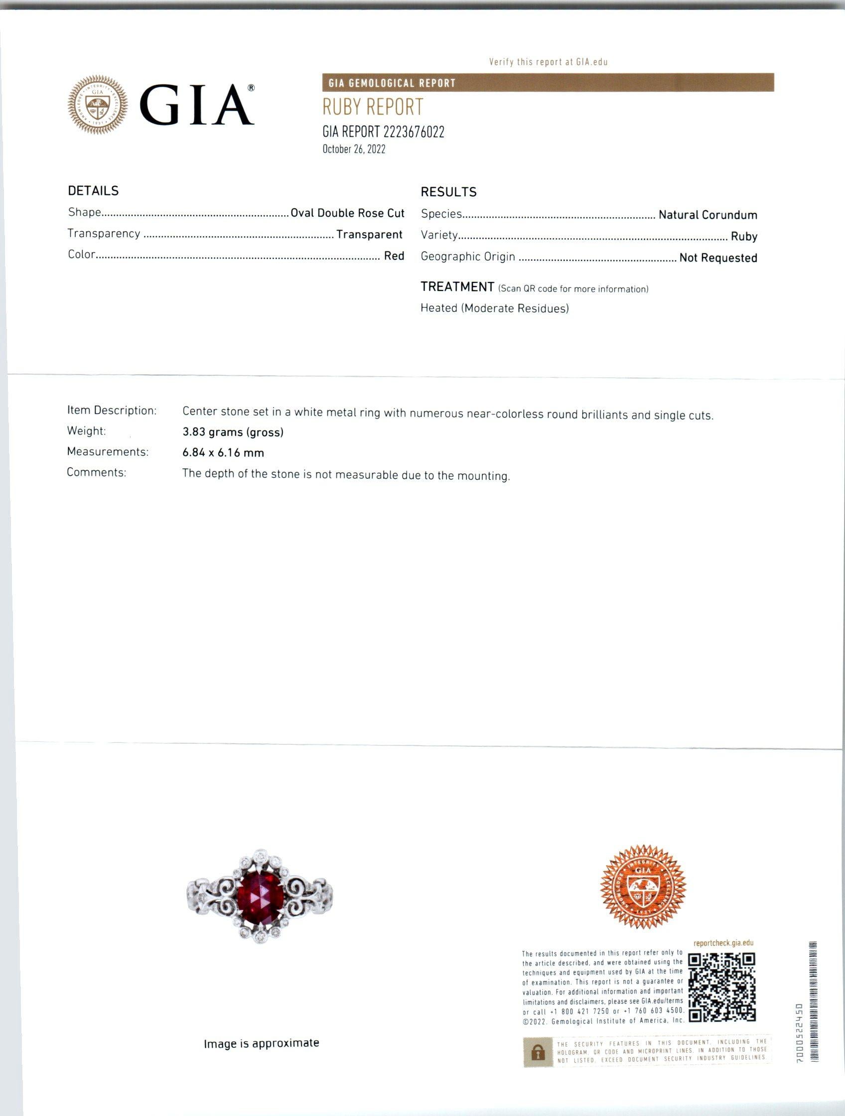 Oval Cut GIA 1.15 Carat Oval Rose Cut Ruby Diamond Halo Filigree Gold Engagment Ring For Sale