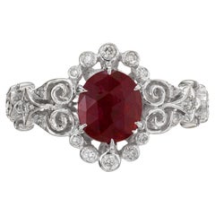 GIA 1.15 Carat Oval Rose Cut Ruby Diamond Halo Filigree Gold Engagment Ring