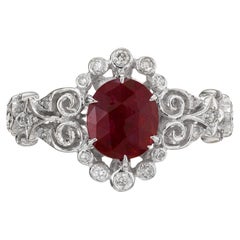 GIA Anillo de compromiso de oro con filigrana y halo de diamantes de rubí ovalados talla rosa de 1,15 quilates