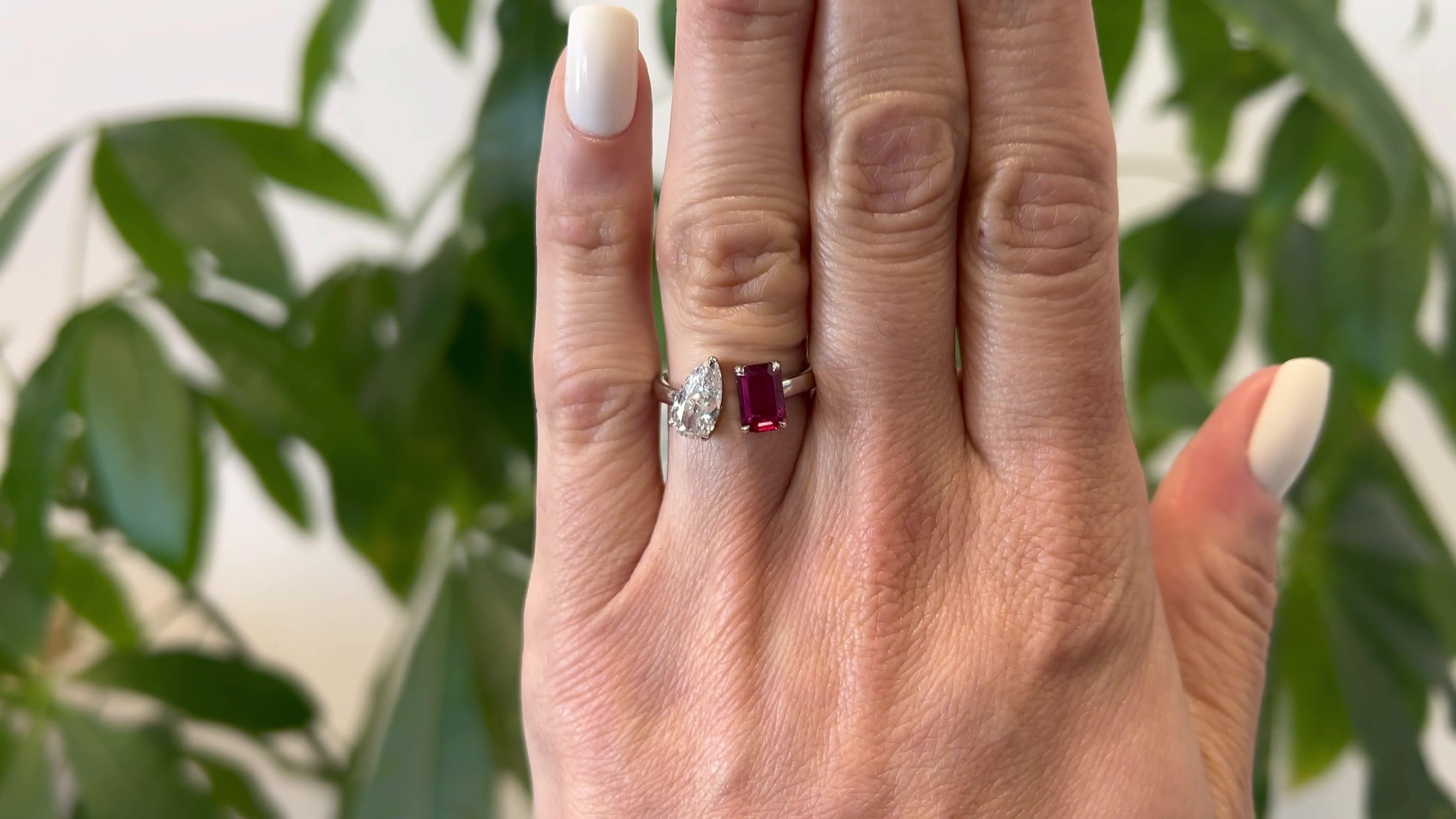 GIA 1.15 Carat Pear Cut Diamond and Ruby Platinum Toi et Moi Ring In Excellent Condition In Beverly Hills, CA