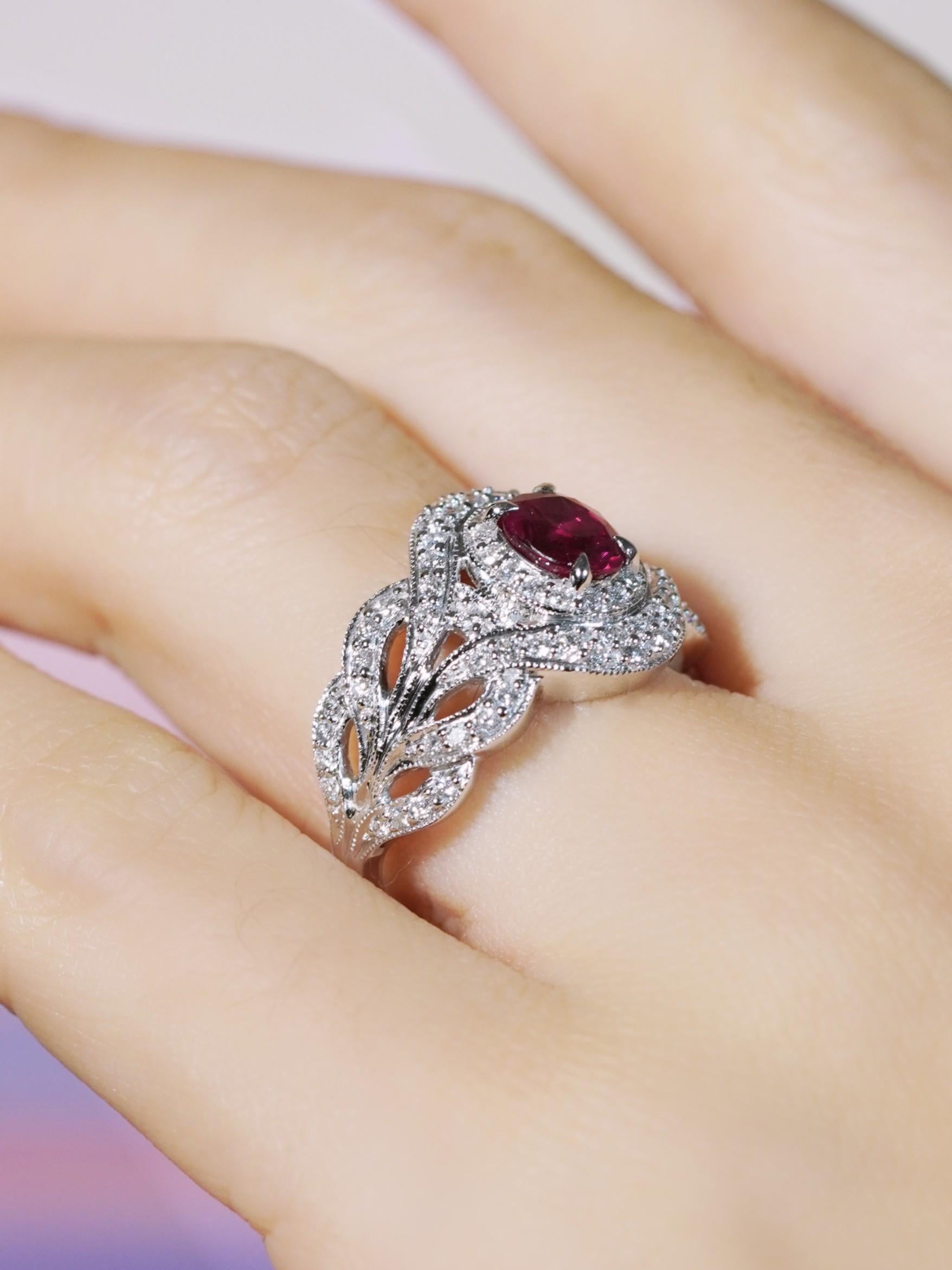 Art Deco GIA 1.15 Ct. Ruby and Diamond Engagement Ring in 18K White Gold For Sale