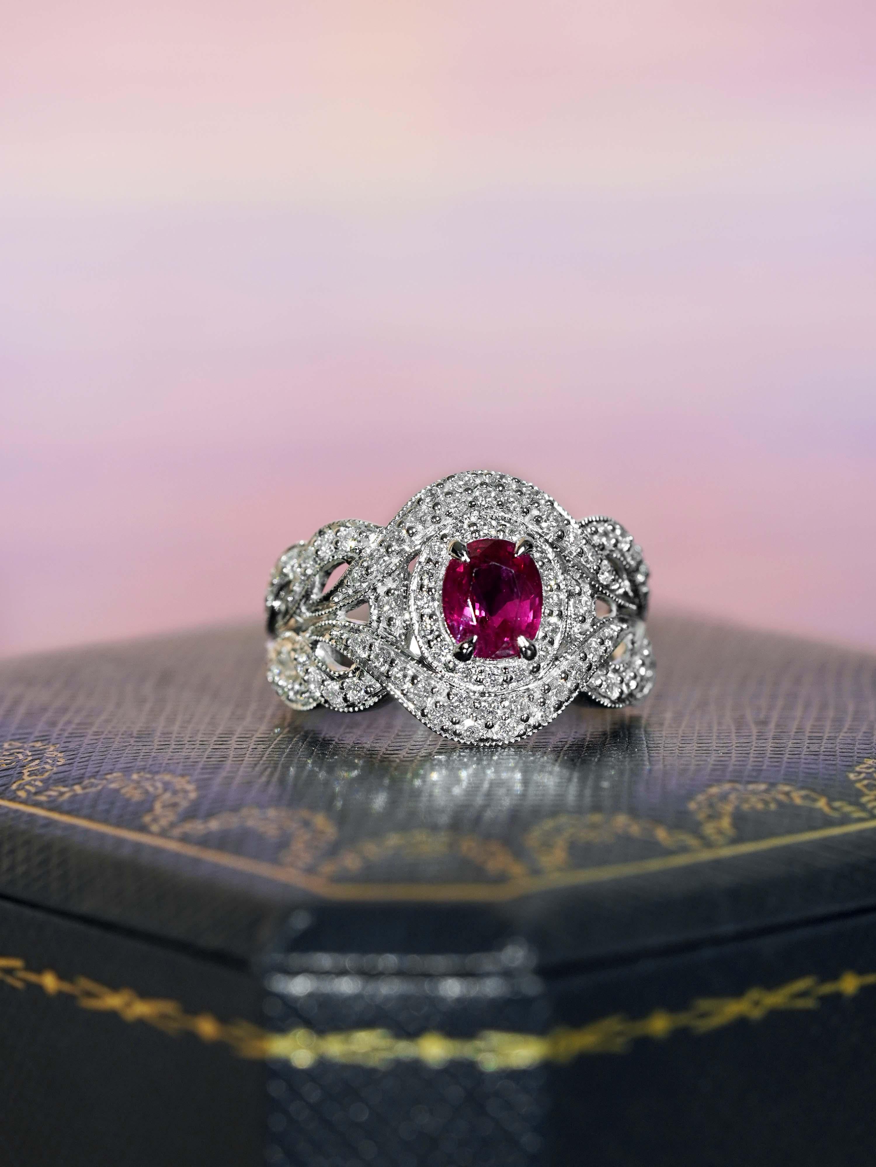 Oval Cut GIA 1.15 Ct. Ruby and Diamond Engagement Ring in 18K White Gold For Sale