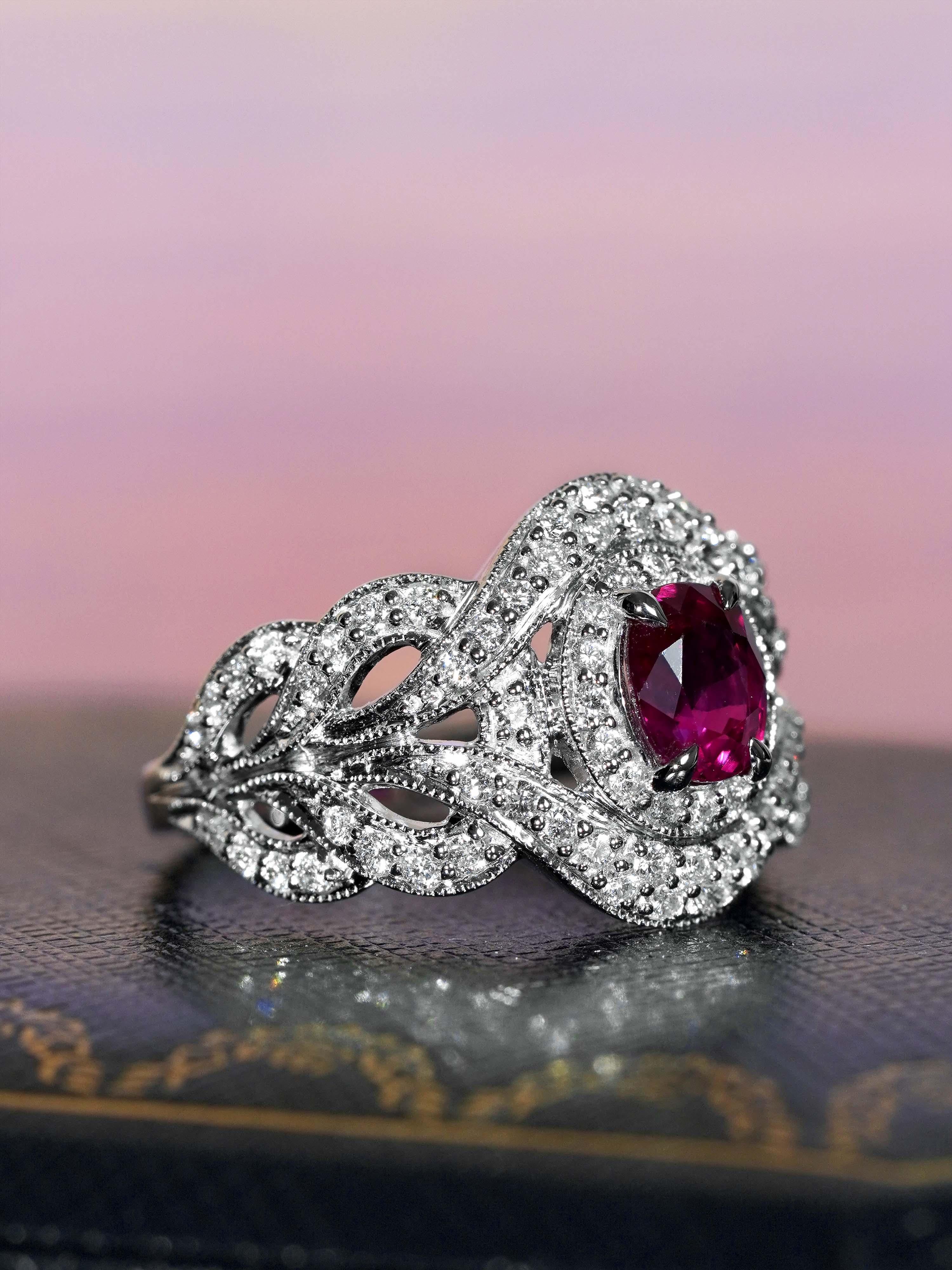 Women's GIA 1.15 Ct. Ruby and Diamond Engagement Ring in 18K White Gold For Sale