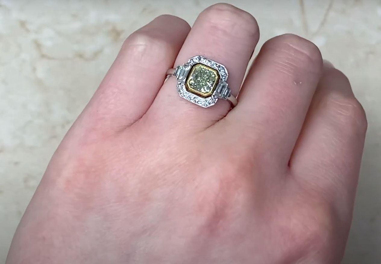 GIA 1.15ct Rare Fancy Yellowish Green Diamond Engagement Ring, Diamond Halo For Sale 4