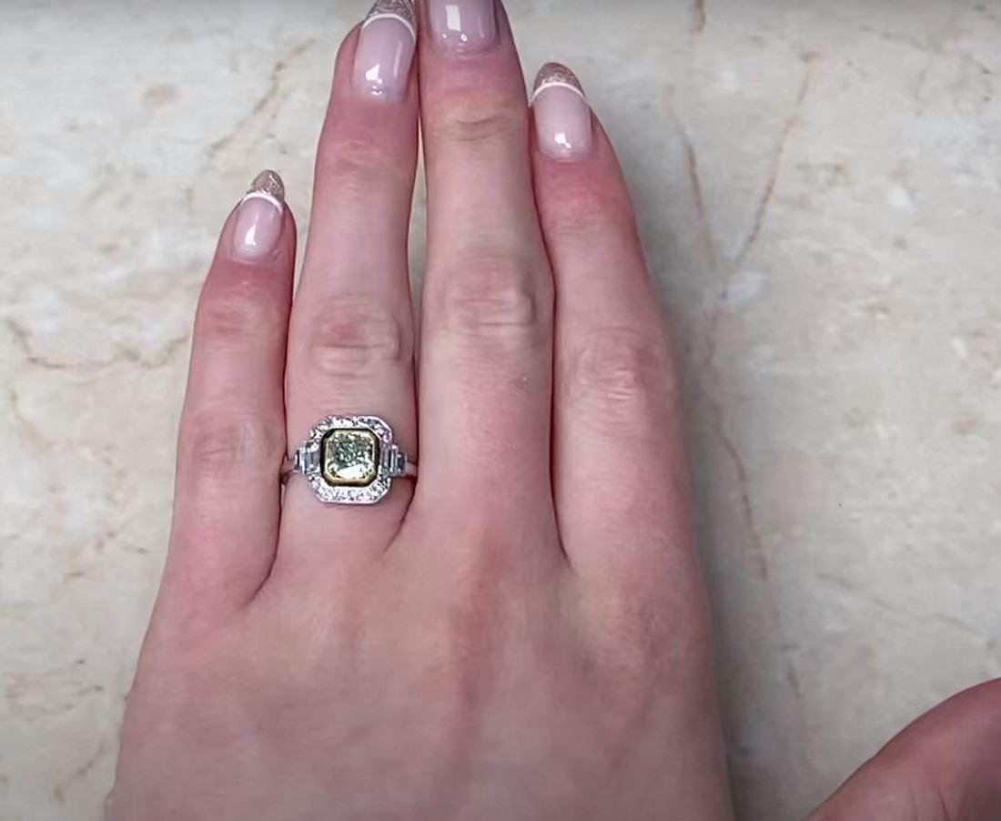 GIA 1.15ct Rare Fancy Yellowish Green Diamond Engagement Ring, Diamond Halo For Sale 5