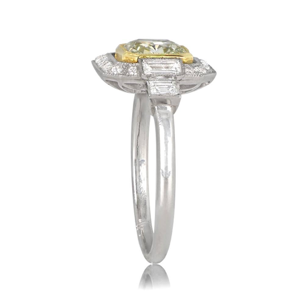 Art Deco GIA 1.15ct Rare Fancy Yellowish Green Diamond Engagement Ring, Diamond Halo For Sale