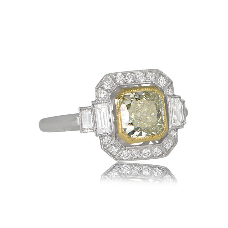 Cushion Cut GIA 1.15ct Rare Fancy Yellowish Green Diamond Engagement Ring, Diamond Halo For Sale