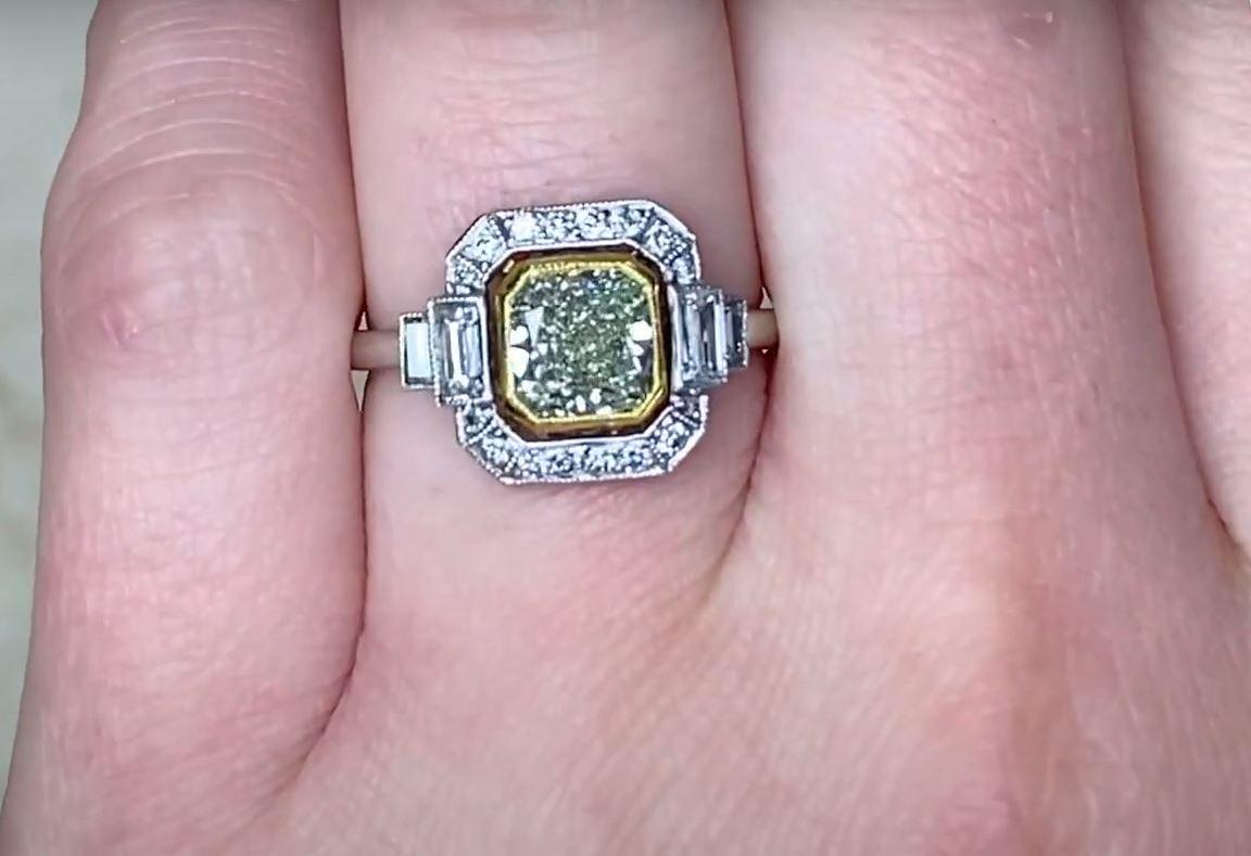 Women's GIA 1.15ct Rare Fancy Yellowish Green Diamond Engagement Ring, Diamond Halo For Sale