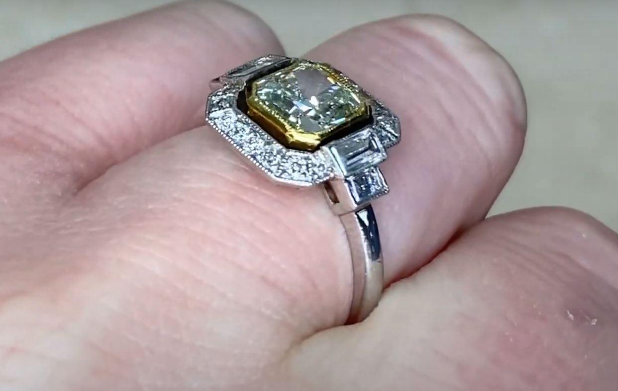 GIA 1.15ct Rare Fancy Yellowish Green Diamond Engagement Ring, Diamond Halo For Sale 2