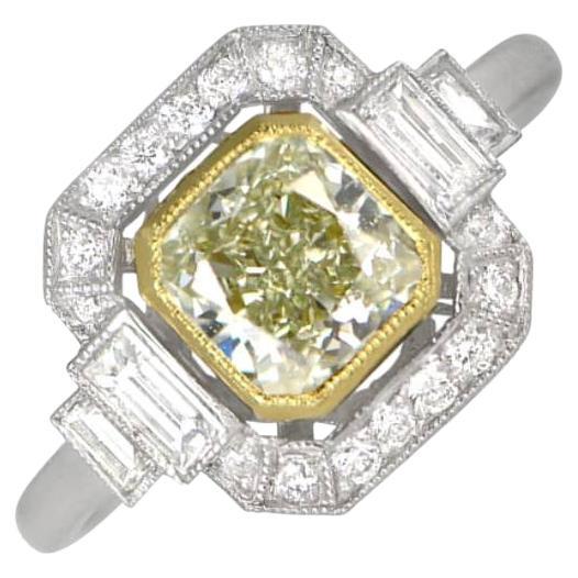 GIA 1.15ct Rare Fancy Yellowish Green Diamond Engagement Ring, Diamond Halo For Sale