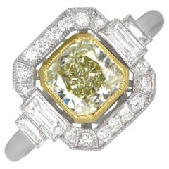 Used GIA 1.15ct Rare Fancy Yellowish Green Diamond Engagement Ring, Diamond Halo