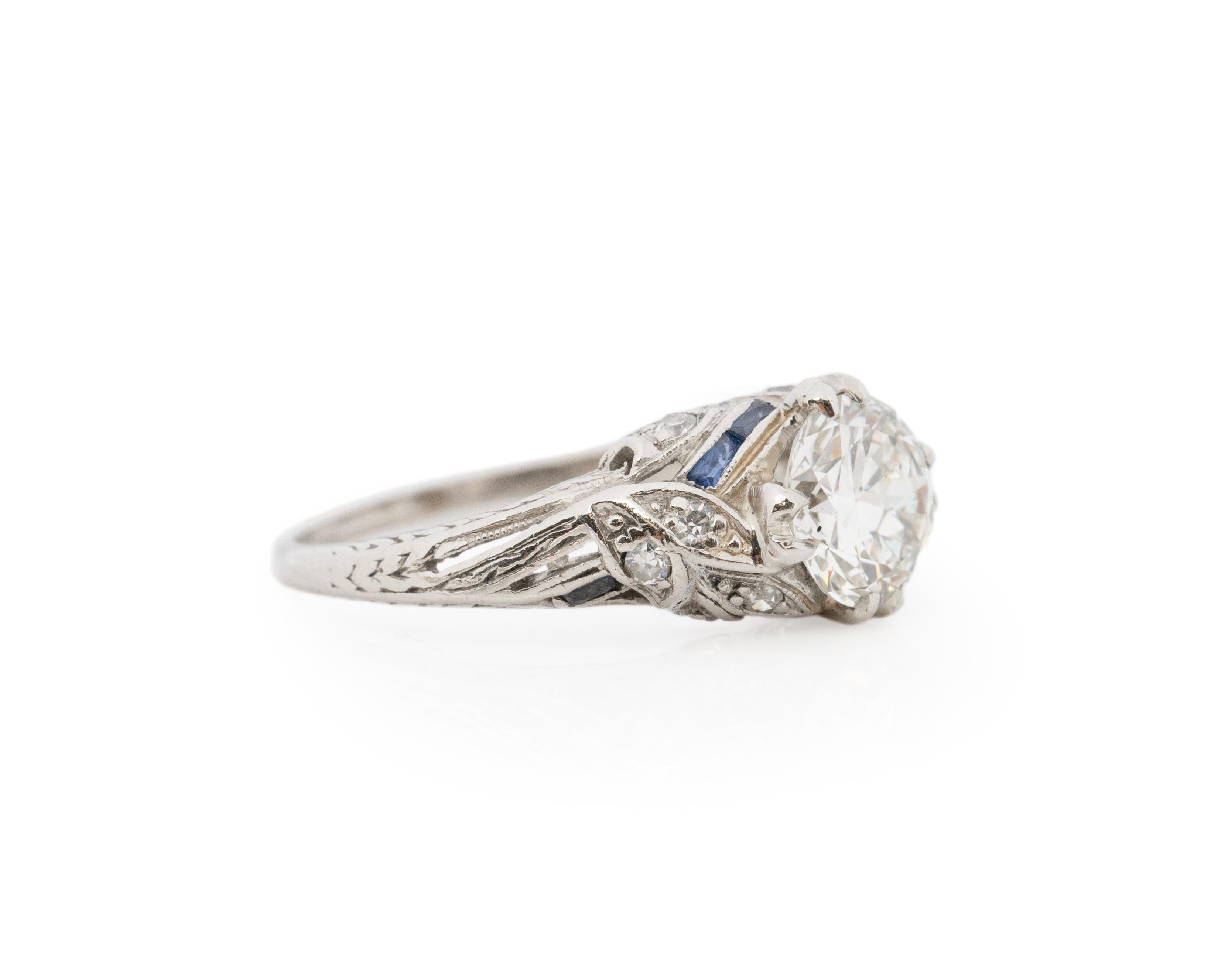 Ring Size:6.25
Metal Type: Platinum [Hallmarked, and Tested]
Weight: 3.4 grams

Center Diamond Details:
GIA LAB REPORT #:
Weight: 1.16ct
Cut: Old European brilliant
Color: H
Clarity: VVS2
Measurements: 6.91mm x 6.82mm x 3.92mm

Side Diamond