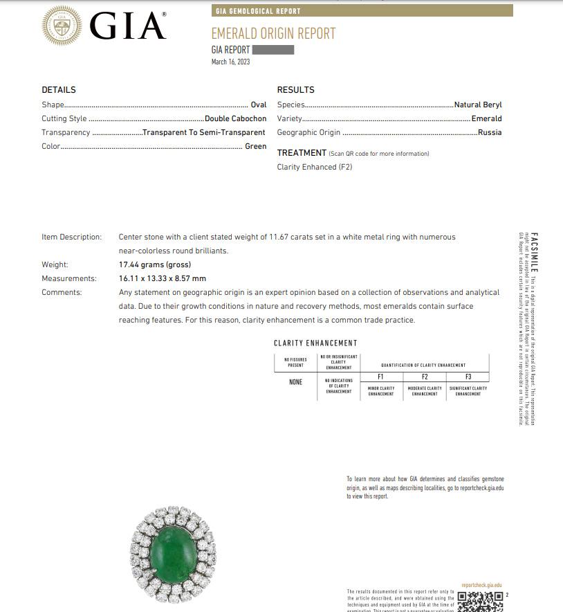 GIA Certified 11.67 Carat Natural Cabochon Emerald Ring with Diamond Halo in 18k White Gold

Emerald and Diamond Ring features an Oval Cabochon Emerald surrounded by 40 Round Brilliant cut Diamonds set in Platinum. The Emerald is of Russian origin