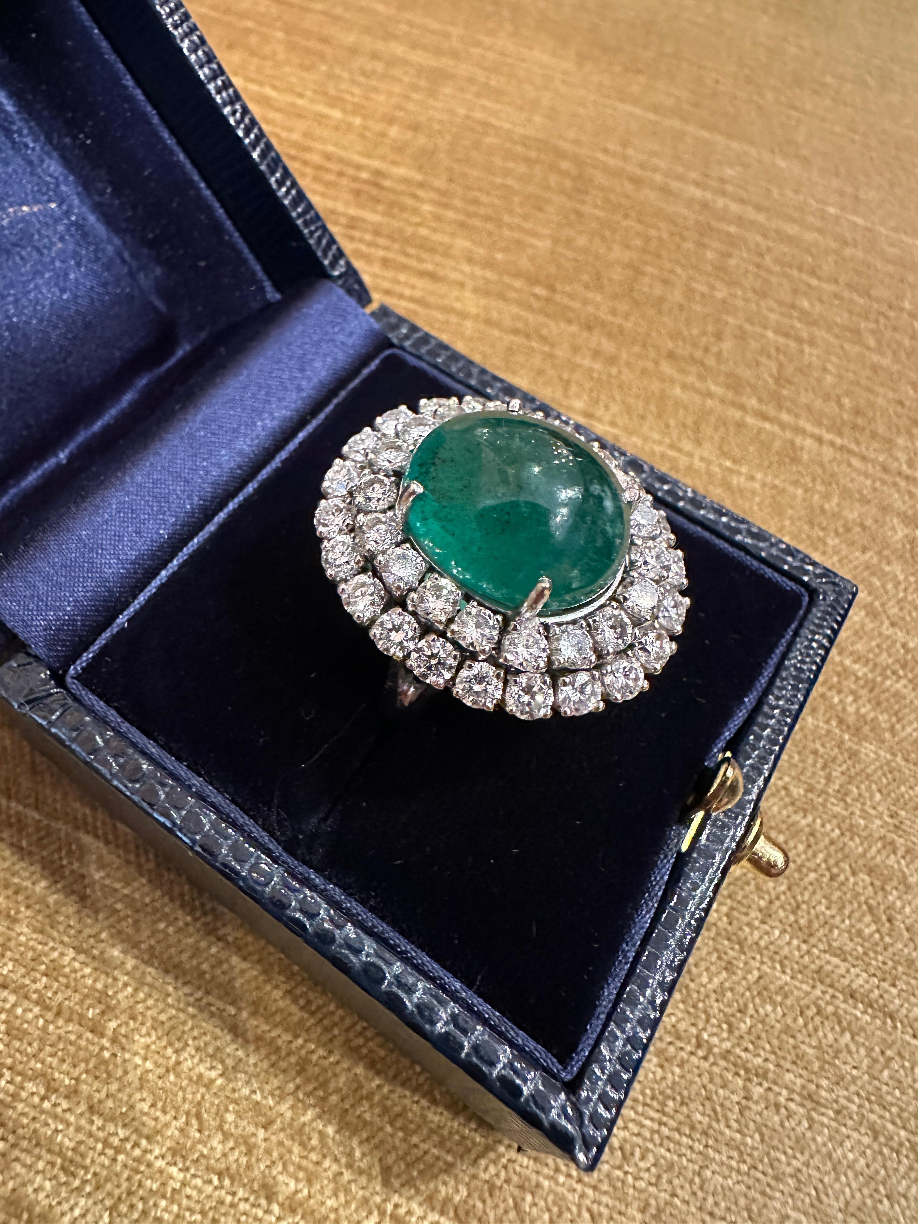 GIA 11.67 Carat Natural Emerald Cabochon & Diamond Ring in 18k White Gold In Excellent Condition For Sale In La Jolla, CA
