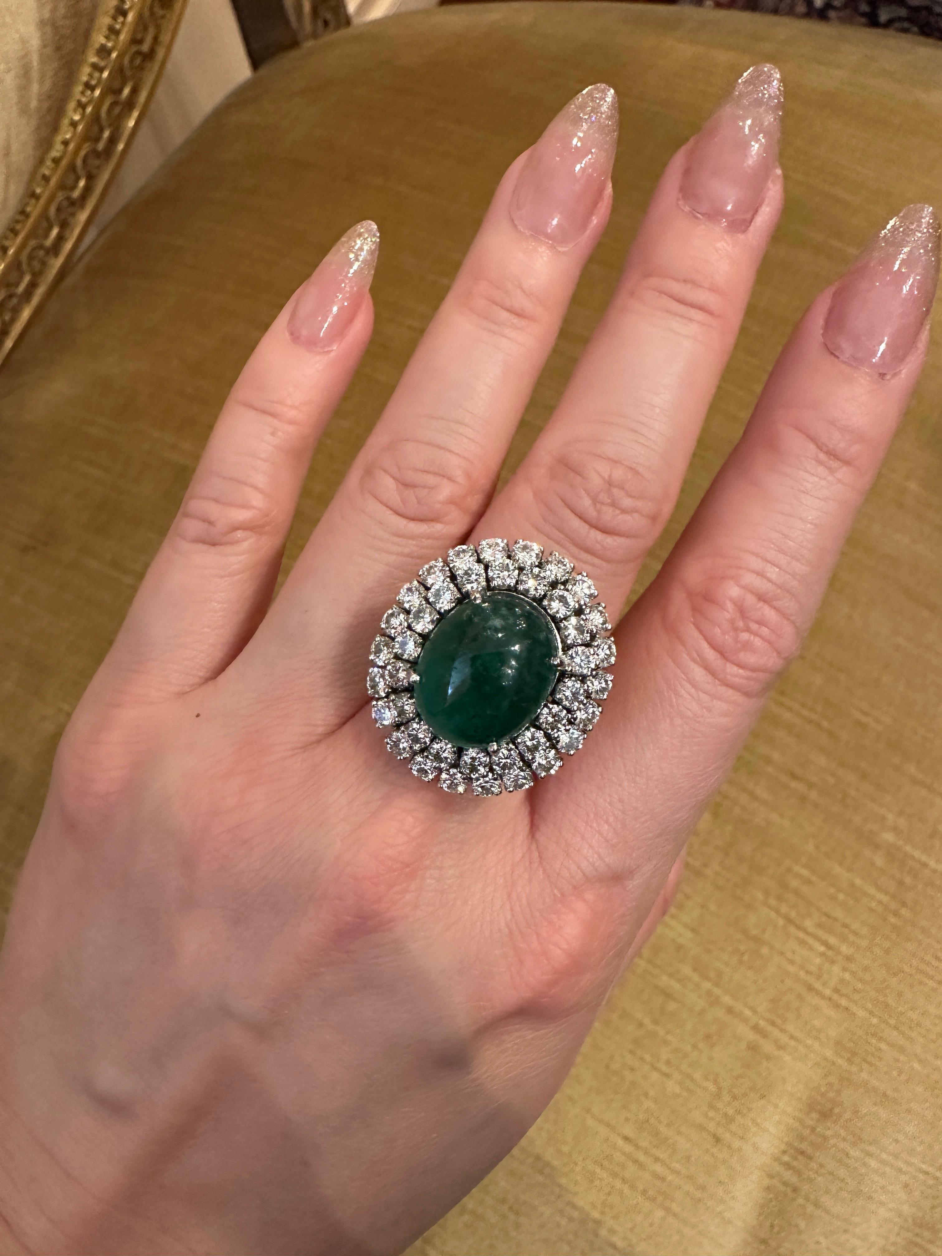 GIA 11.67 Carat Natural Emerald Cabochon & Diamond Ring in 18k White Gold For Sale 2