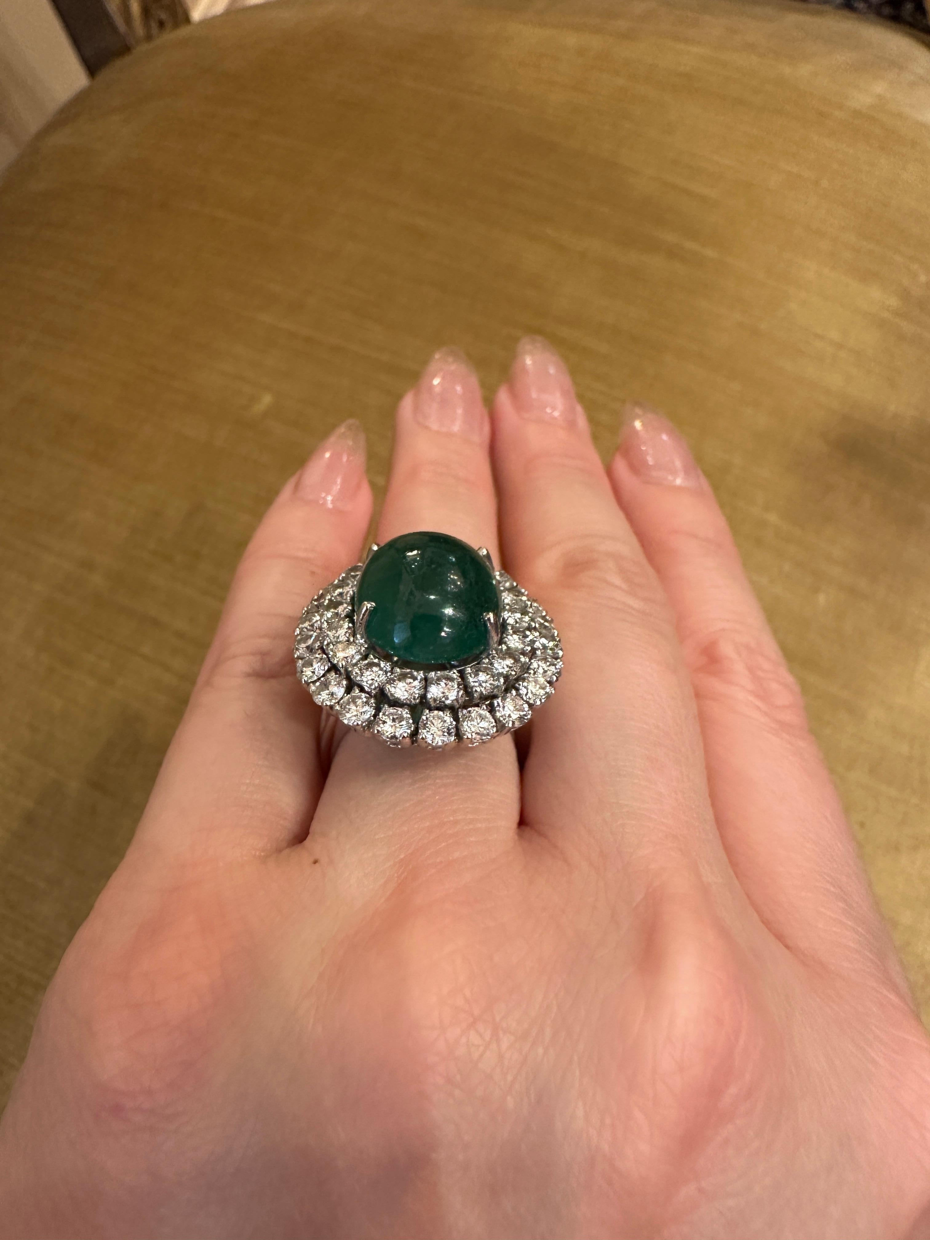 GIA 11.67 Carat Natural Emerald Cabochon & Diamond Ring in 18k White Gold For Sale 3