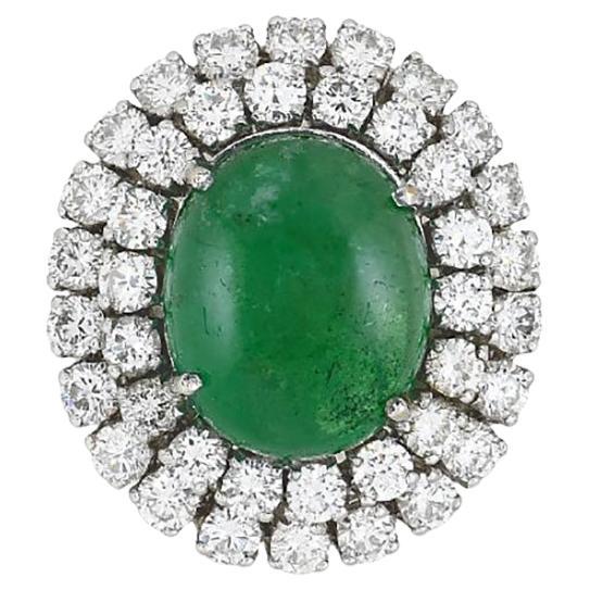 GIA 11.67 Carat Natural Emerald Cabochon & Diamond Ring in 18k White Gold For Sale