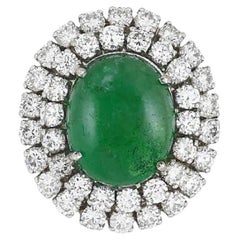 GIA 11.67 Carat Natural Emerald Cabochon & Diamond Ring in 18k White Gold
