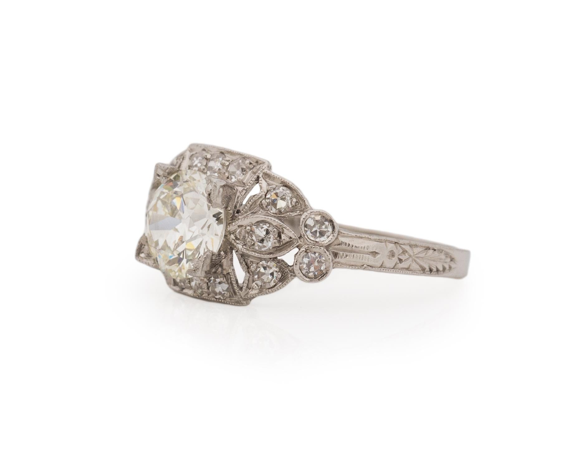 Ring Size: 6.5
Metal Type: Platinum [Hallmarked, and Tested]
Weight: 3.5 grams

Diamond Details:
GIA REPORT #: 2225420629
Weight: 1.17ct, total weight
Cut: Old European brilliant
Color: L
Clarity: VS2
Measurements: 7.03mm x 6.91mm x 3.82mm

Finger