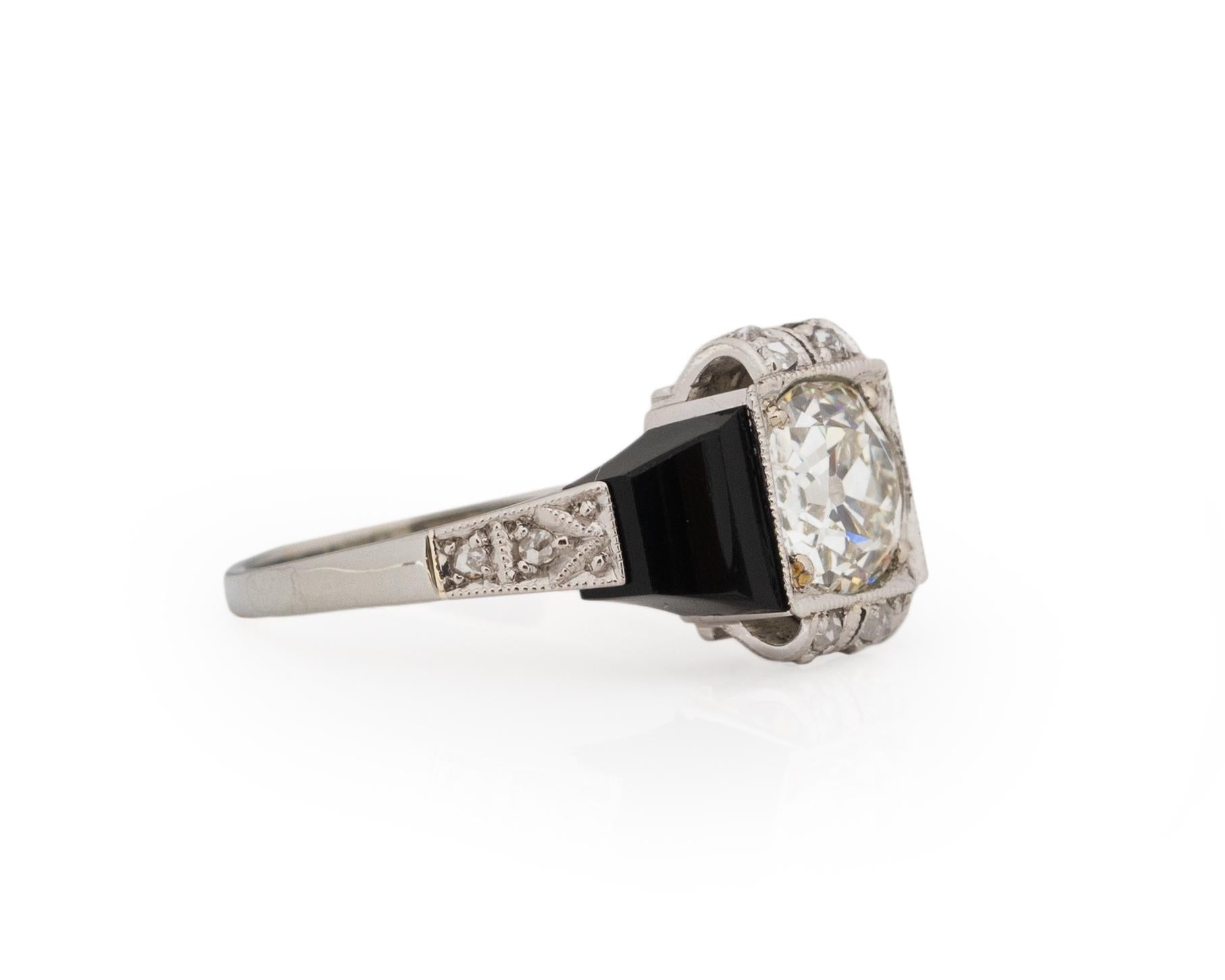 Ring Size: 5.75
Metal Type: 14k White Gold [Hallmarked, and Tested]
Weight: 3.0 grams

Center Diamond Details:
GIA REPORT #: 2223272093
Weight: 1.18ct
Cut: Old European brilliant
Color: J
Clarity: SI1
Measurements: 6.55mm x 6.53mm x 3.98mm

Side