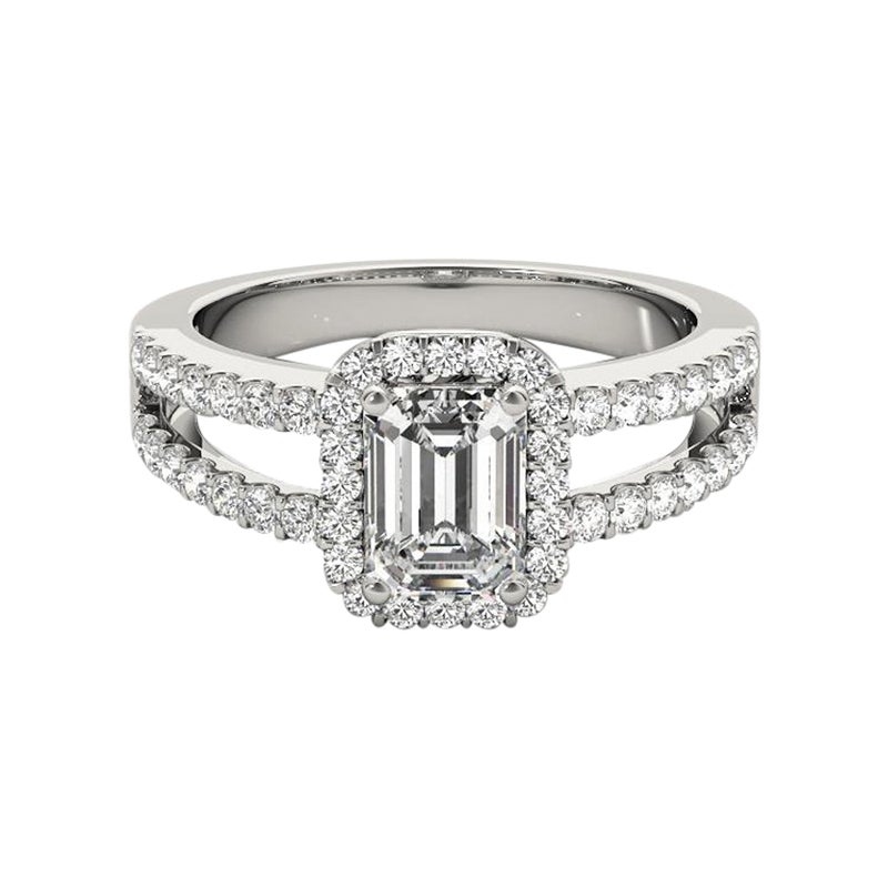 GIA 1,18 quilates Halo Esmeralda Filigrana Vástago partido Anillo de diamantes de oro blanco de 18 quilates