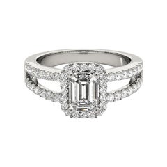 GIA 1,18 quilates Halo Esmeralda Filigrana Vástago partido Anillo de diamantes de oro blanco de 18 quilates