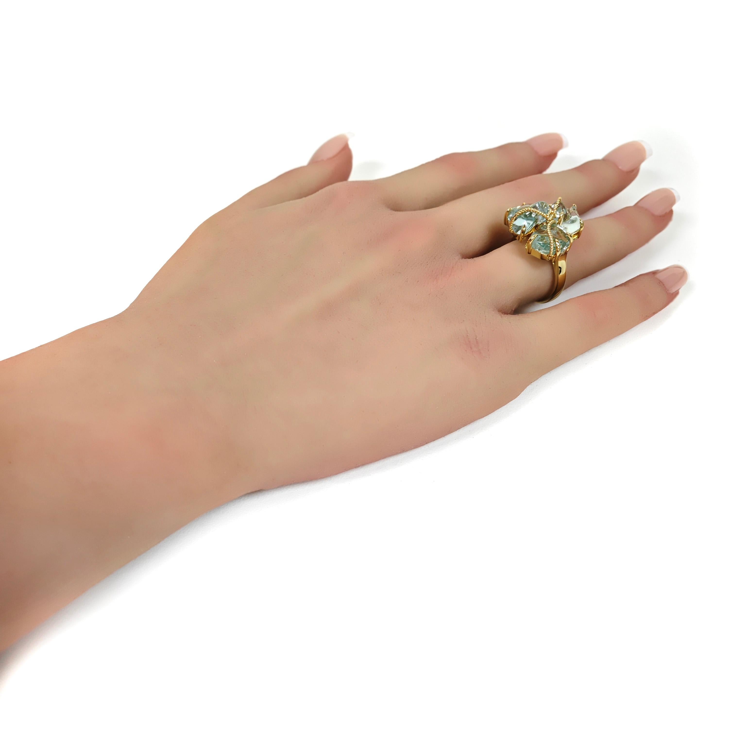Tumbled GIA 11.89 Carats Aquamarine Yellow Gold Three-Stone Cocktail Ring For Sale