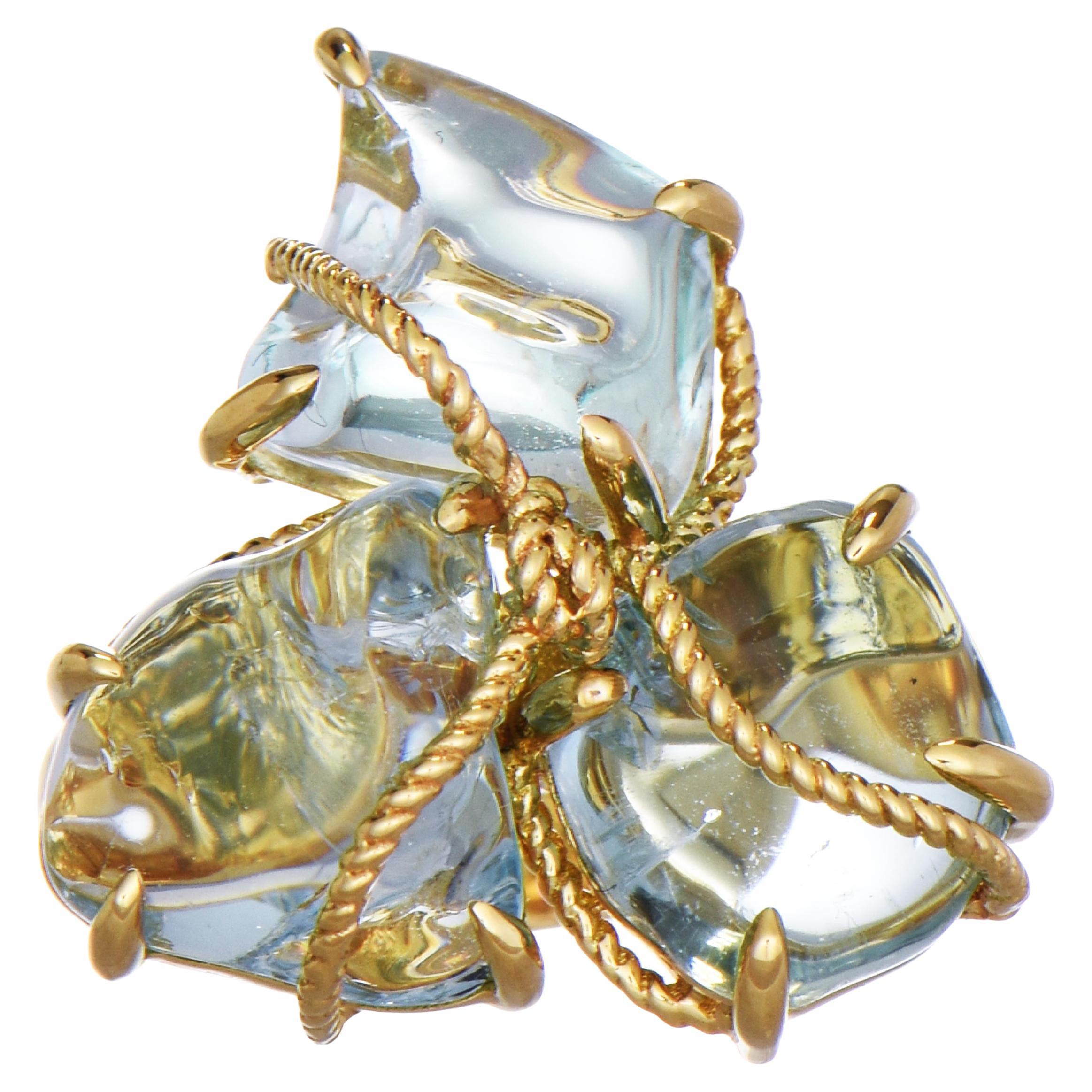 GIA 11.89 Carats Aquamarine Yellow Gold Three-Stone Cocktail Ring