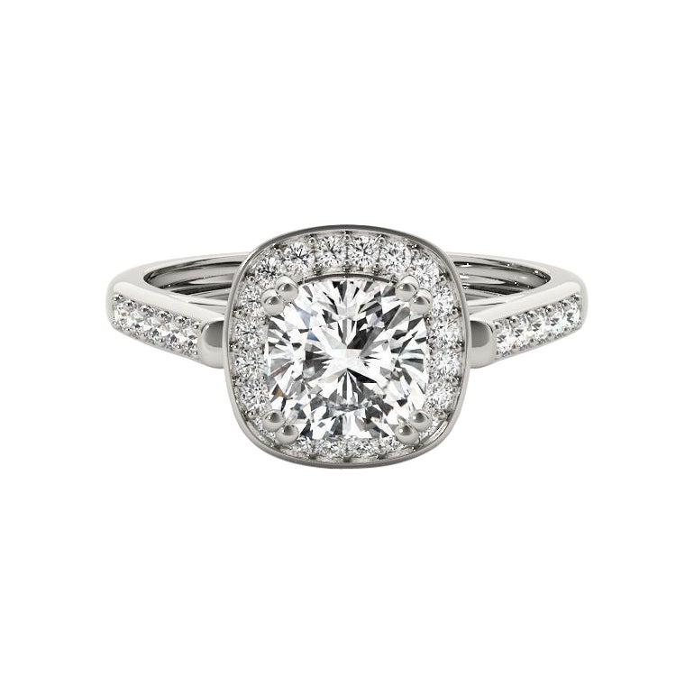 GIA 1,18 ct Anello con diamante cattedrale con cesto rialzato e aureola a cuscino