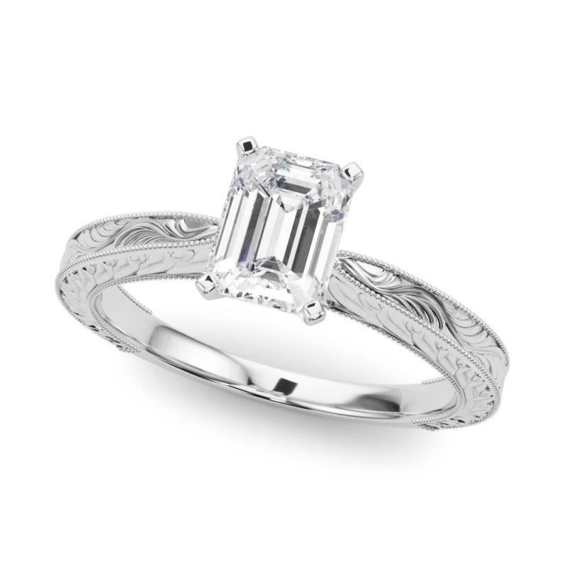 GIA 1,18ct Smaragd Klassisch Solitär Antik Graviert Weißgold Diamantring (Smaragdschliff) im Angebot