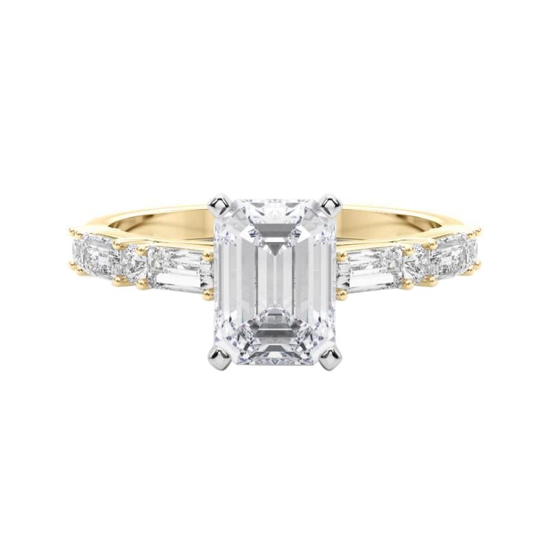GIA 1,18ct Smeraldo rotondo e Baguette Anello con diamante a canale in oro giallo 18K in vendita