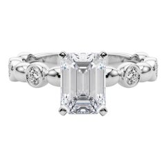 GIA 1.18ct Emerald Side Stone Bezel Band Solitaire White Gold Diamond Ring