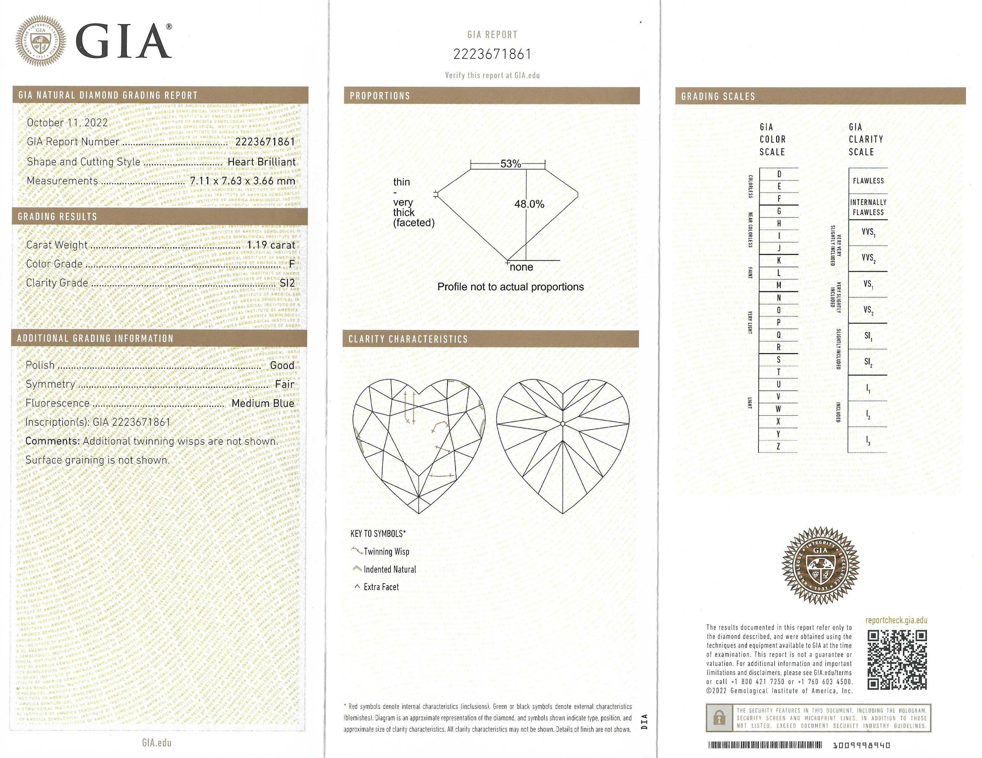 Bague en forme de cœur de 1,19 carat certifiée GIA, 18 carats en vente 2
