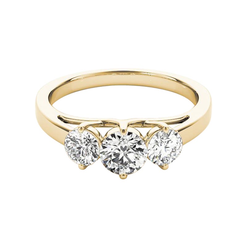 GIA 1,1ct Anello di diamanti tondo a tre pietre con punte condivise in oro giallo 18 carati