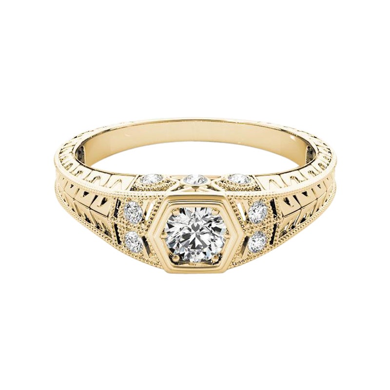 GIA 1,1ct Anello con diamante rotondo a filigrana inciso a fiore in oro giallo 18 carati