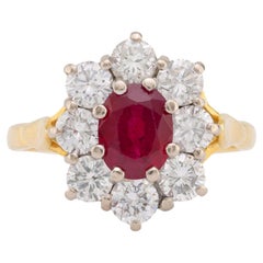 GIA Anillo en racimo de oro amarillo y blanco de 18 quilates con un diamante rubí de Birmania de 1,2 quilates