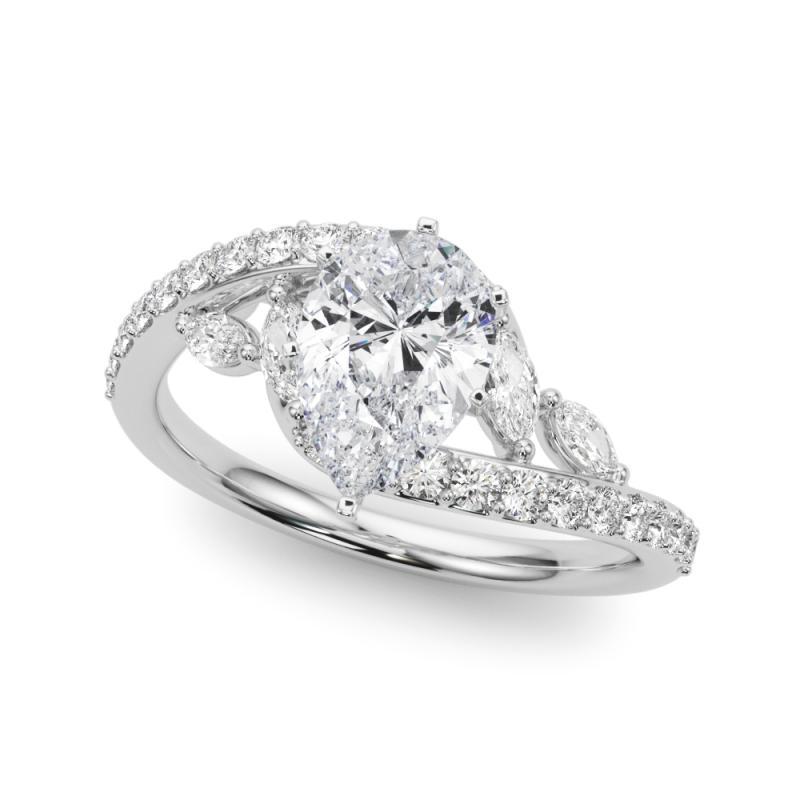 Taille poire GIA 1.2 Carat Pear Curved Bypass Leaf & Vine Bague diamant en or blanc 18K en vente