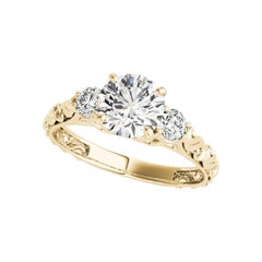GIA 1.2 Carat Round Three-Stone Tiered Vintage 18K Yellow Gold Diamond Ring